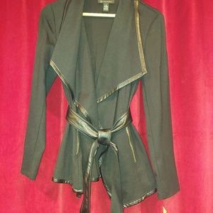 Wrap around jacket with faux leather trim and belt
